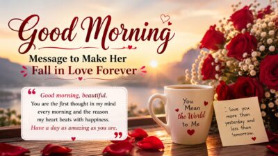 Romantic good morning message to make her fall in love forever with roses, coffee mug, love note, and sunrise background.
