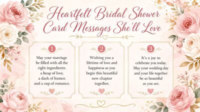 Heartfelt bridal shower card messages with elegant floral design and three sweet wishes for the bride-to-be.