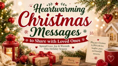 Heartwarming Christmas messages banner with festive decorations, gift box, candle, and cozy holiday wishes