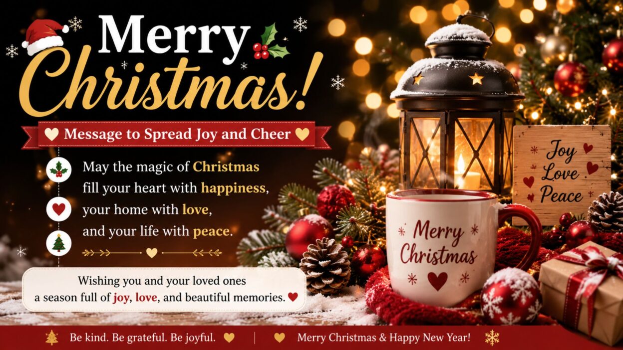 Merry Christmas message to spread joy and cheer with festive decorations, lantern, Christmas tree, and holiday wishes