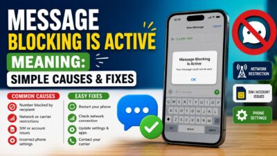 Message Blocking Is Active Meaning guide showing common causes, easy fixes, and smartphone SMS error illustration