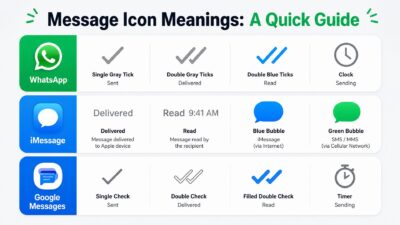 Infographic guide to message status icons for WhatsApp, iMessage, and Google Messages showing sent and read status.