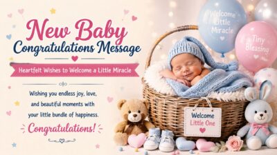 New baby congratulations message banner with a sleeping newborn, teddy bears, balloons, and heartfelt wishes to welcome a little miracle.