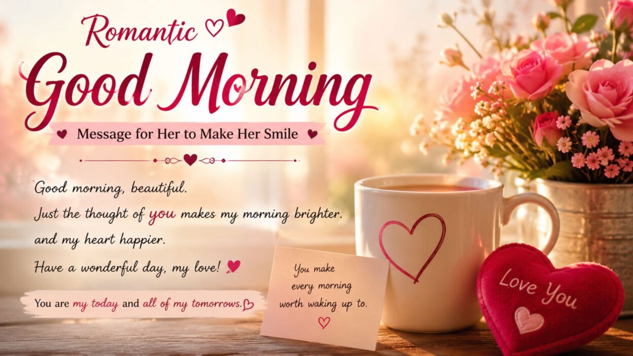 Romantic good morning message for her with roses, coffee mug, and heartfelt love quote to make her smile