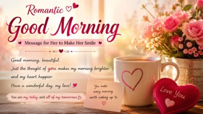 Romantic good morning message for her with roses, coffee mug, and heartfelt love quote to make her smile