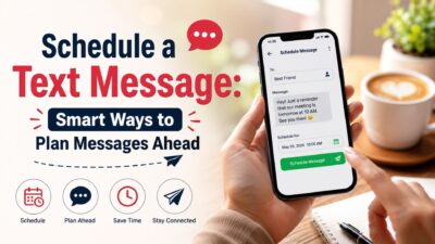 Smartphone showing a scheduled text message with calendar and reminder icons for planning messages ahead