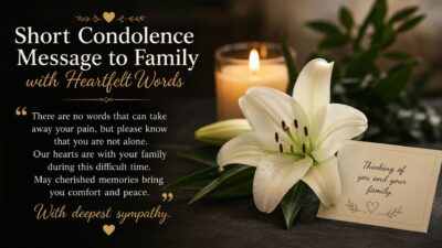 Short condolence message to family with heartfelt words, featuring a glowing candle, white lily, and sympathy card.