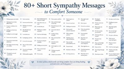 Infographic of 80+ short sympathy messages for comfort and loss, featuring elegant floral designs in soft blue.