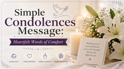 Simple condolences message banner with white lilies, candle, sympathy card, and heartfelt words of comfort.