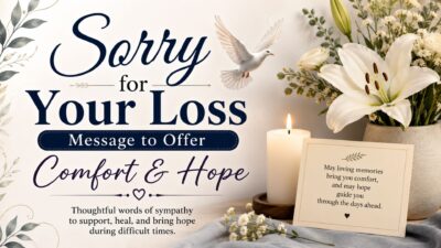 Sorry for your loss message graphic with white lilies, candle, dove, and comforting sympathy words of hope