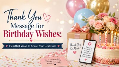 Thank you message for birthday wishes with balloons, cake, flowers, gifts, and heartfelt gratitude theme