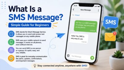 What is an SMS message guide with smartphone text conversation, SMS icons, and beginner-friendly mobile messaging explanation.