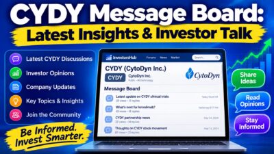 CYDY message board with investor discussions, company updates, and stock insights on a laptop