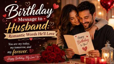 Romantic birthday message to husband with a loving couple, roses, gifts, and a heartfelt birthday card