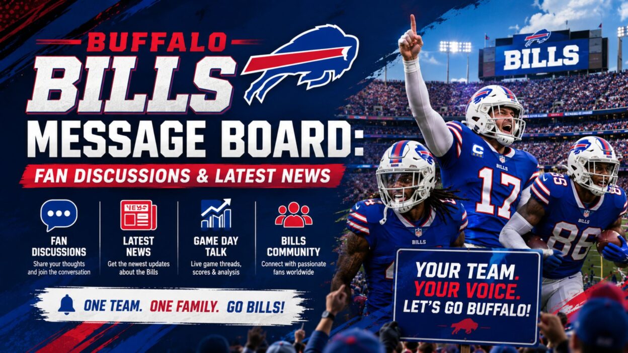 Buffalo Bills message board graphic featuring fan discussions, latest news, game day talk, and Bills players