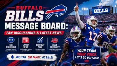 Buffalo Bills message board graphic featuring fan discussions, latest news, game day talk, and Bills players