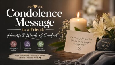 Condolence message to a friend with heartfelt words of comfort, sympathy card, candle, and white lilies