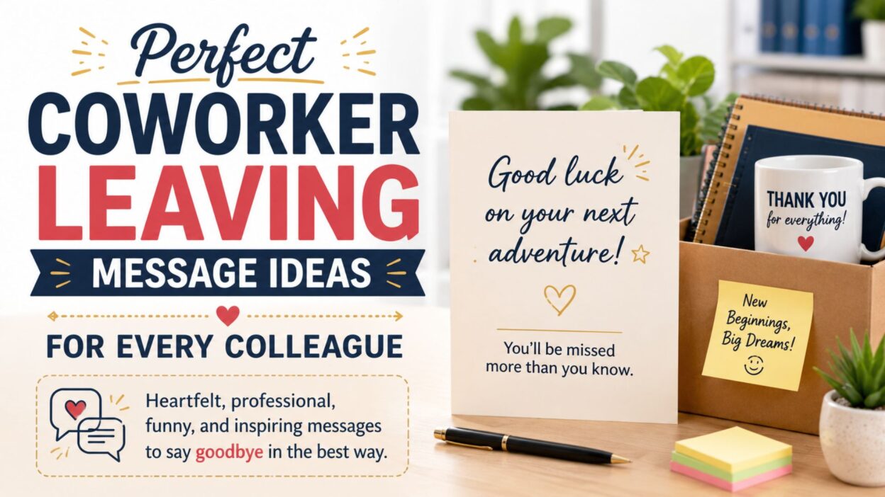 Coworker leaving message ideas with a farewell card, office desk, and good luck wishes