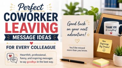 Coworker leaving message ideas with a farewell card, office desk, and good luck wishes