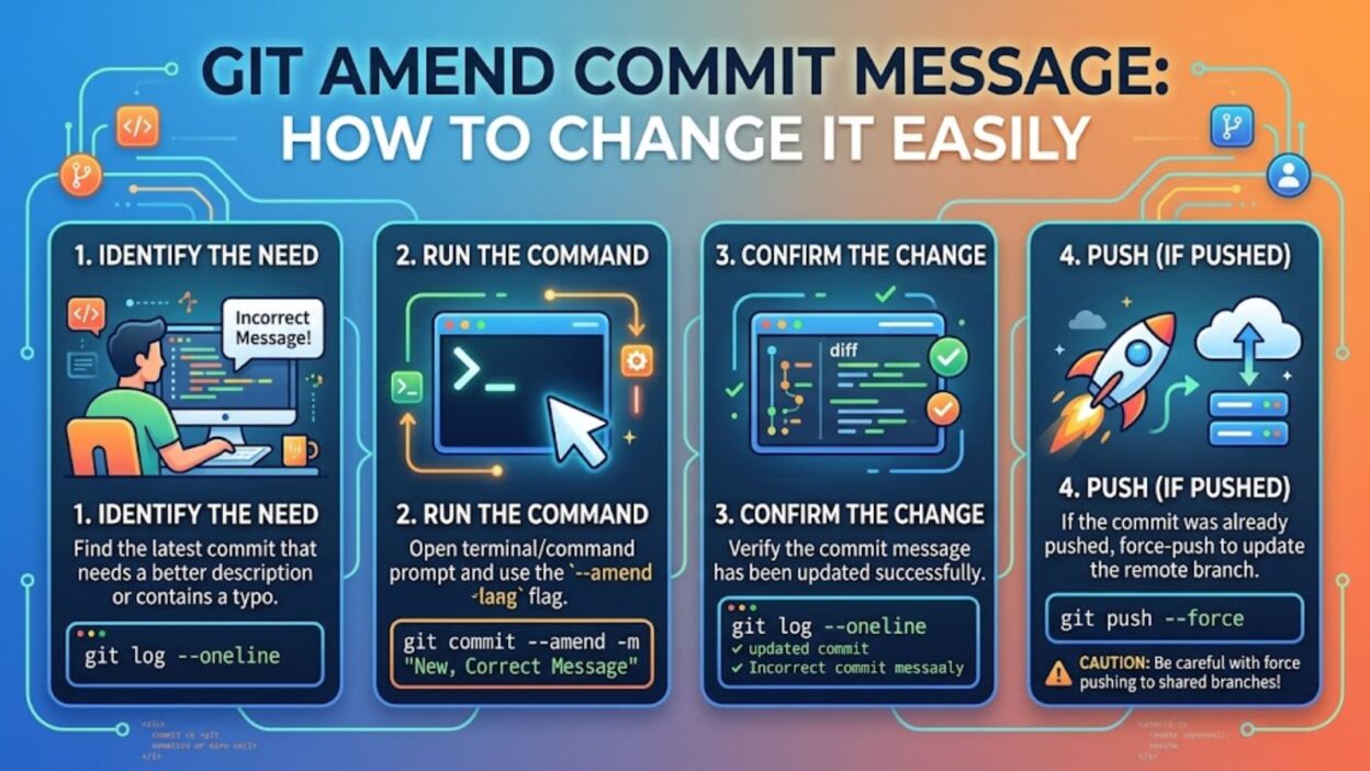 Infographic showing how to change a Git commit message using git commit amend syntax.