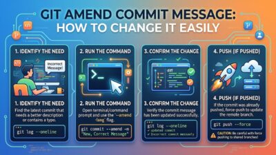 Infographic showing how to change a Git commit message using git commit amend syntax.