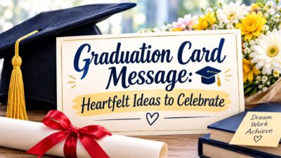 Graduation card message with a cap, diploma, flowers, and heartfelt celebration theme