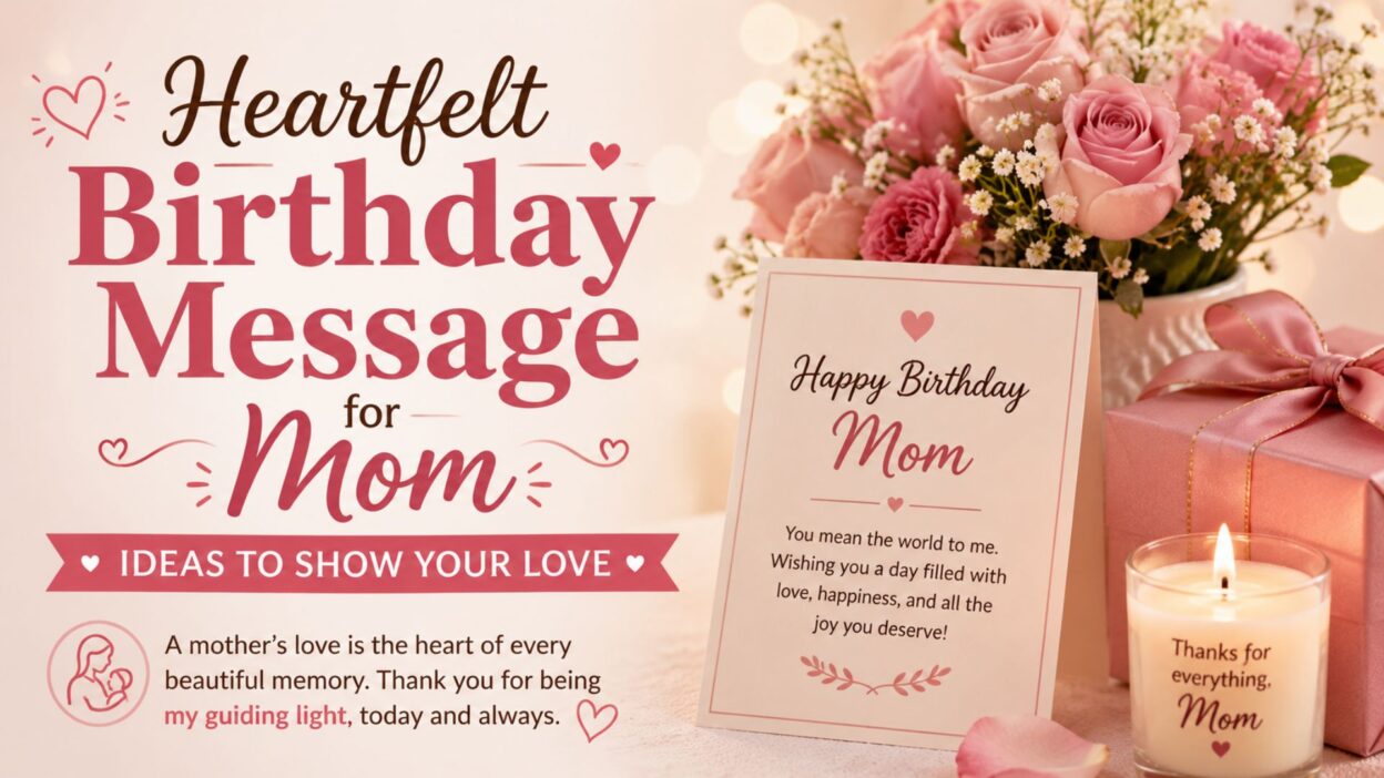 Heartfelt birthday message for mom with roses, gift, candle, and loving birthday wishes