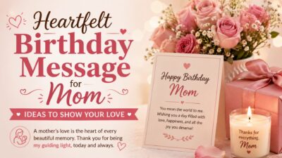 Heartfelt birthday message for mom with roses, gift, candle, and loving birthday wishes