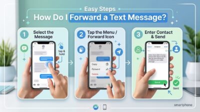 Step-by-step infographic showing how to forward a text message on a smartphone.