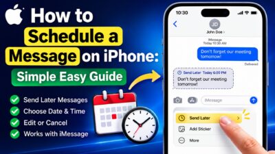How to schedule a message on iPhone with Send Later, date and time options, and a scheduled text preview