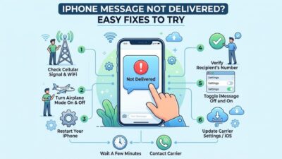 Infographic showing 6 easy troubleshooting steps to fix iPhone message not delivered errors.