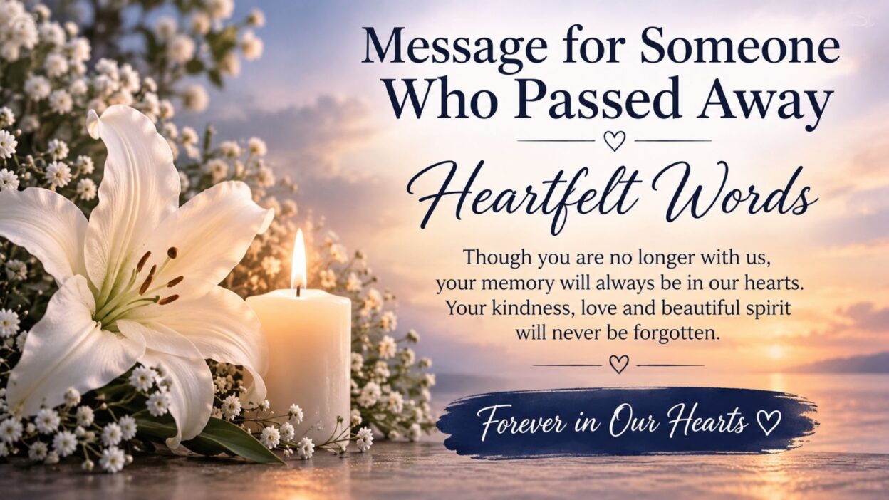 Heartfelt message for someone who passed away with candle, white lilies, and a memorial heart stone