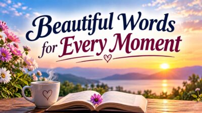 Beautiful words for every moment with a peaceful sunset, flowers, coffee, and an open book