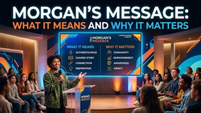 Speaker at a lectern presenting "Morgan's Message: What It Means and Why It Matters" to an audience.