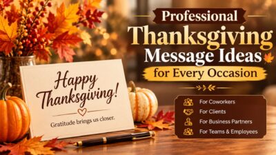 Professional Thanksgiving message ideas with autumn leaves, pumpkins, and a Happy Thanksgiving card