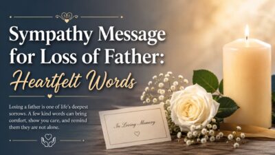 Sympathy message for loss of father with candle, white rose, and heartfelt words of comfort
