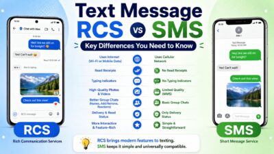 Text Message RCS vs SMS comparison showing key features, messaging differences, and smartphone chat examples