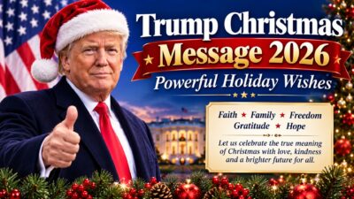 Trump Christmas Message 2026 with patriotic holiday wishes, Christmas tree, American flag, and White House