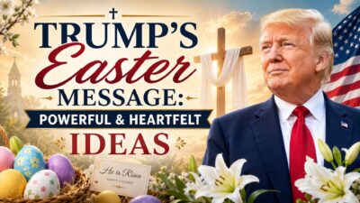 Trump’s Easter message graphic with Donald Trump, American flag, cross, Easter eggs, lilies, and heartfelt ideas