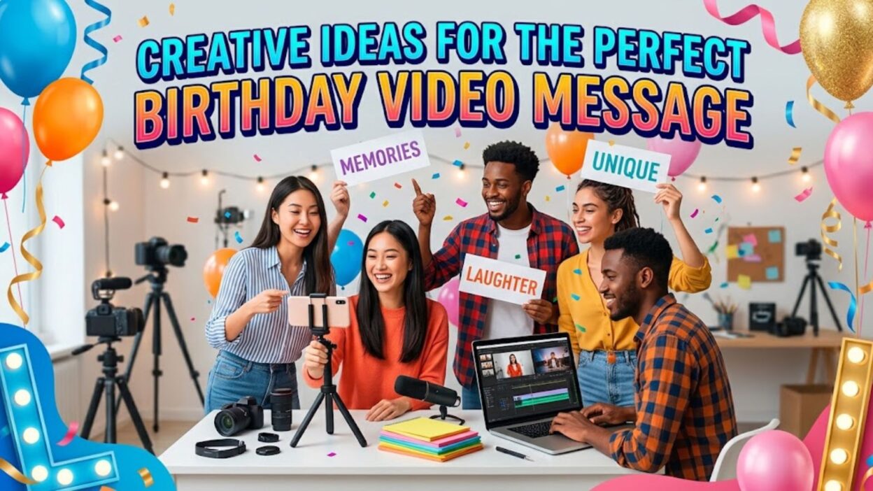 Friends collaborating around a desk with camera gear planning a birthday video message