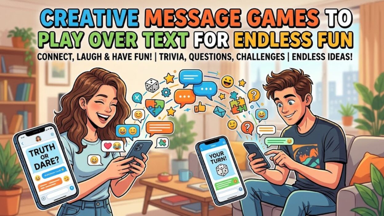 Two people smiling while texting on smartphones with fun speech bubbles, emojis, and game title text on screen.