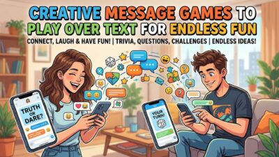 Two people smiling while texting on smartphones with fun speech bubbles, emojis, and game title text on screen.