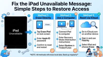 Infographic showing three easy methods to fix the iPad Unavailable screen directly, via computer, or using iCloud.