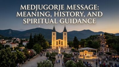 St. James Church in Medjugorje at twilight with pilgrims and the text Medjugorje Message Meaning History and Spiritual Guidance