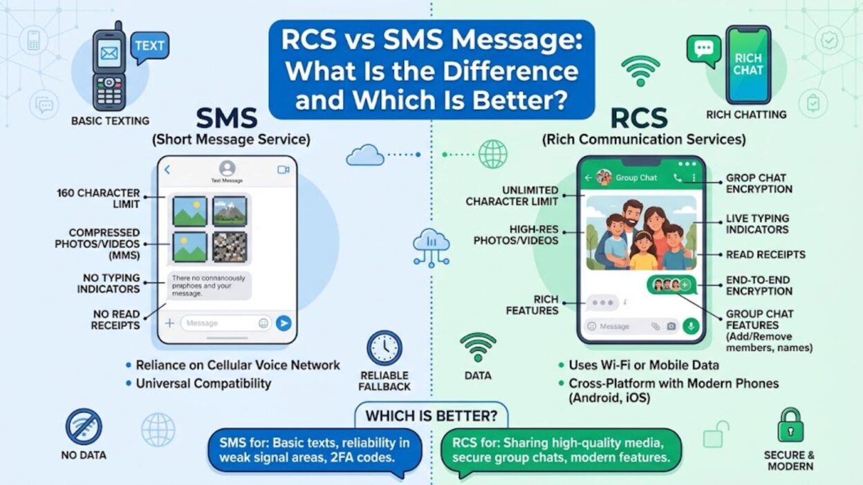 Infographic comparing SMS and RCS messaging features side by side for mobile texting options.